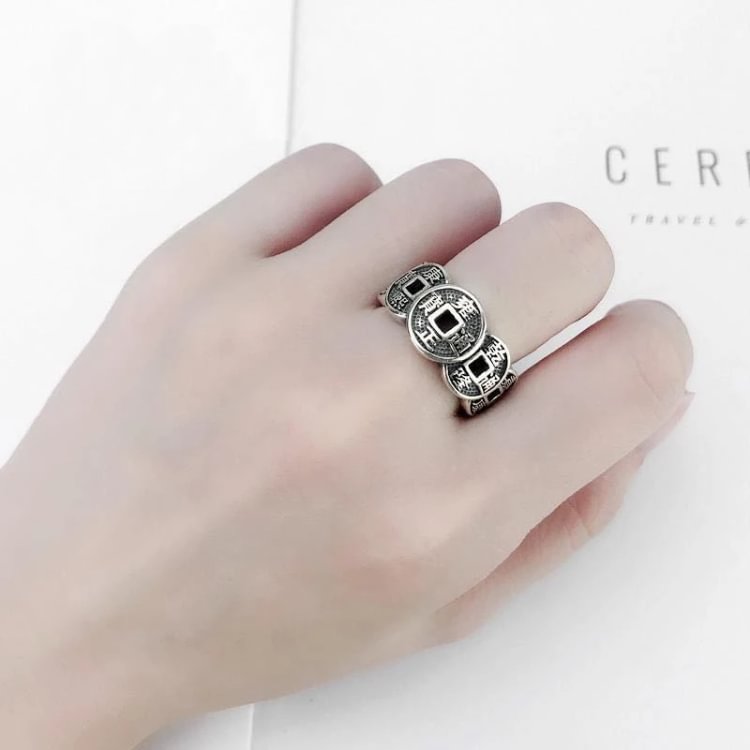 Adjustable Ring For Women,Vintage Silver Distressed Coin Chinese Characters Goth Punk Adjustable Open Knuckle Tail Ring Finger Joint Toe Ring Jewelry For Women Girls Gift Wedding Engagement Mother'S
