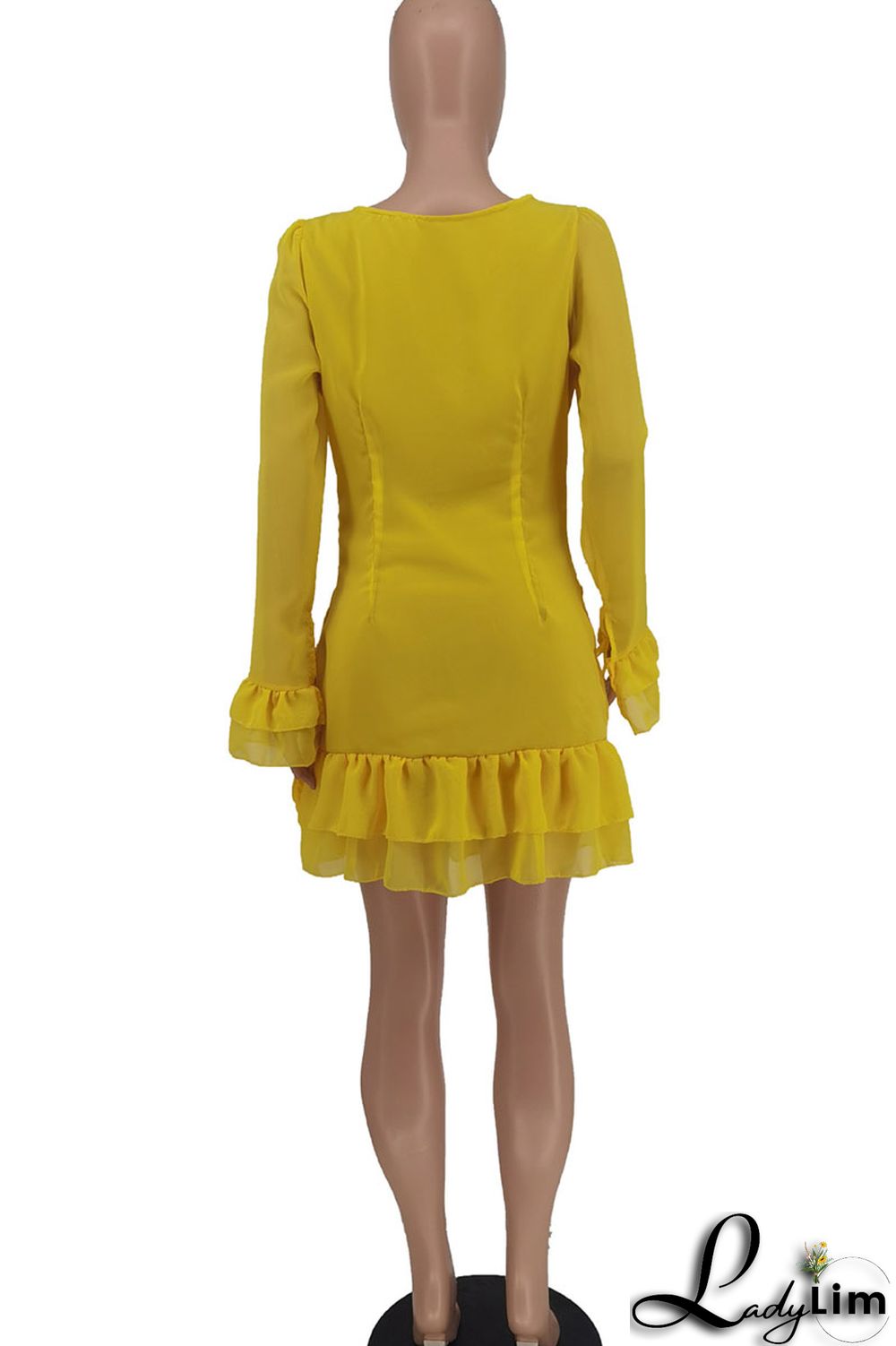 Yellow Sexy Solid Split Joint Flounce V Neck A Line Dresses