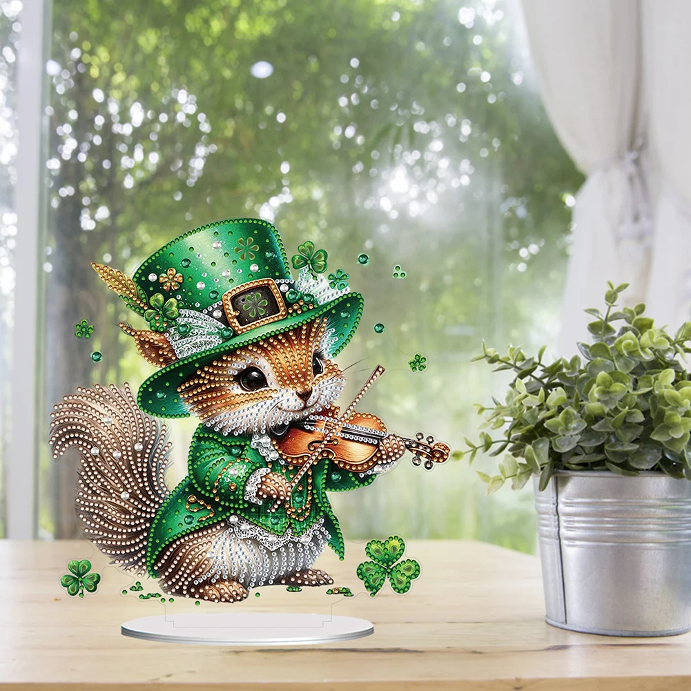 DIY Acrylic St. Patricks Day Squirrel Special Shape Diamond Painting Tabletop Ornament Creative Home Decor & Gift Idea for Adults - Relaxing Craft Activity