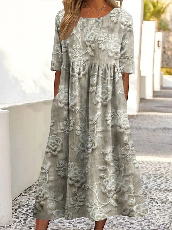 Vintage Embroidered Floral Print Crew Neck Pocket Midi Dress