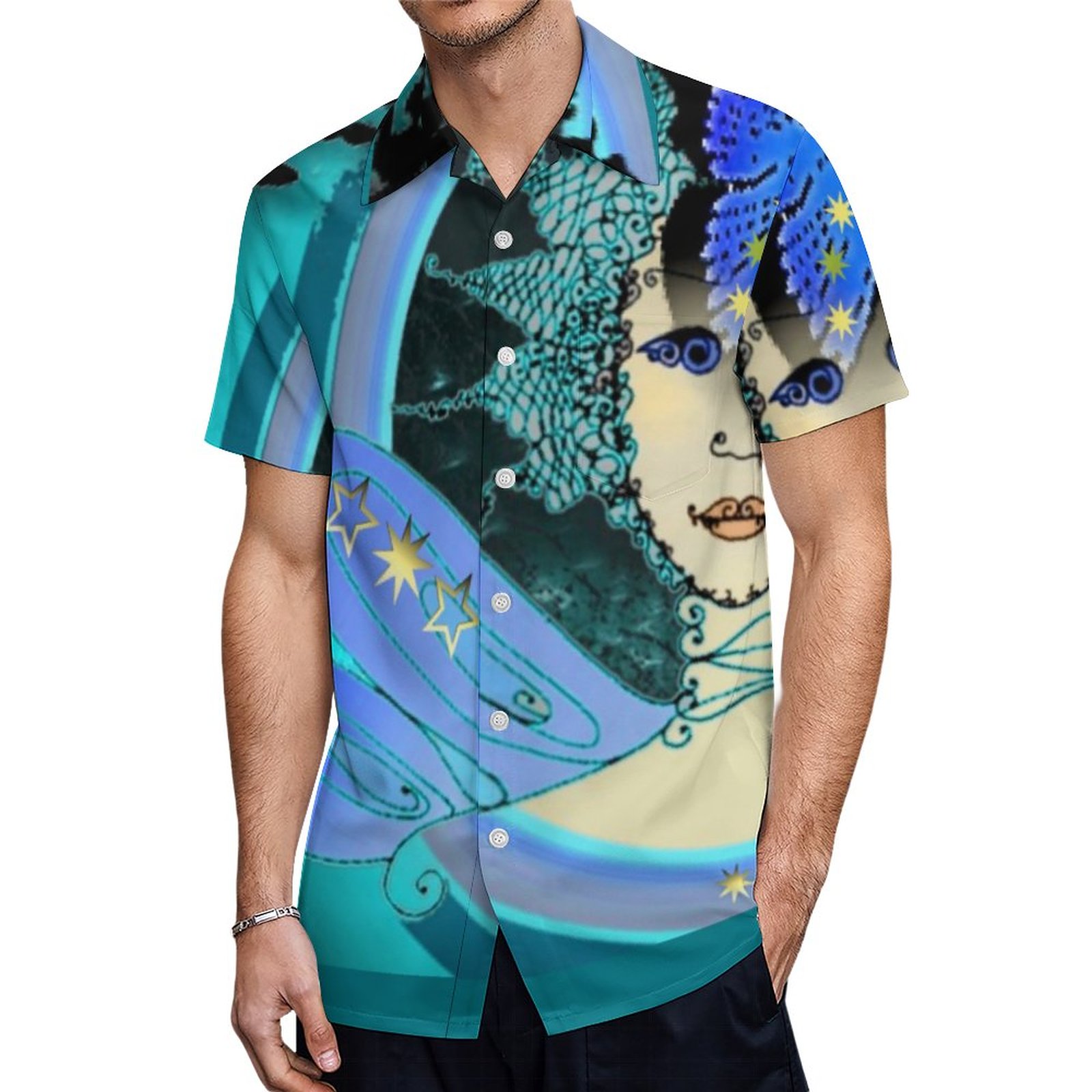 Fancy Womens W Blue Star Fairy Pattern Hawaiian Shirt Mens Button Down Plus Size Tropical Hawaii Beach Shirts