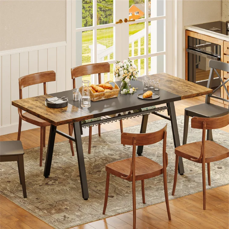 Bestier Gordon 70'' Rectangle Dining Table with Basket Storage , Wood Kitchen Table With Strong Metal Legs Brown