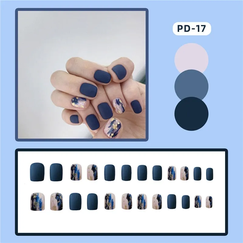 24pcs Leopard Theme Full Cover False Nail Tips Black Heart Line Transparent Stiletto French Fake Nails With Glue Detachable Tips-Nail Inspo