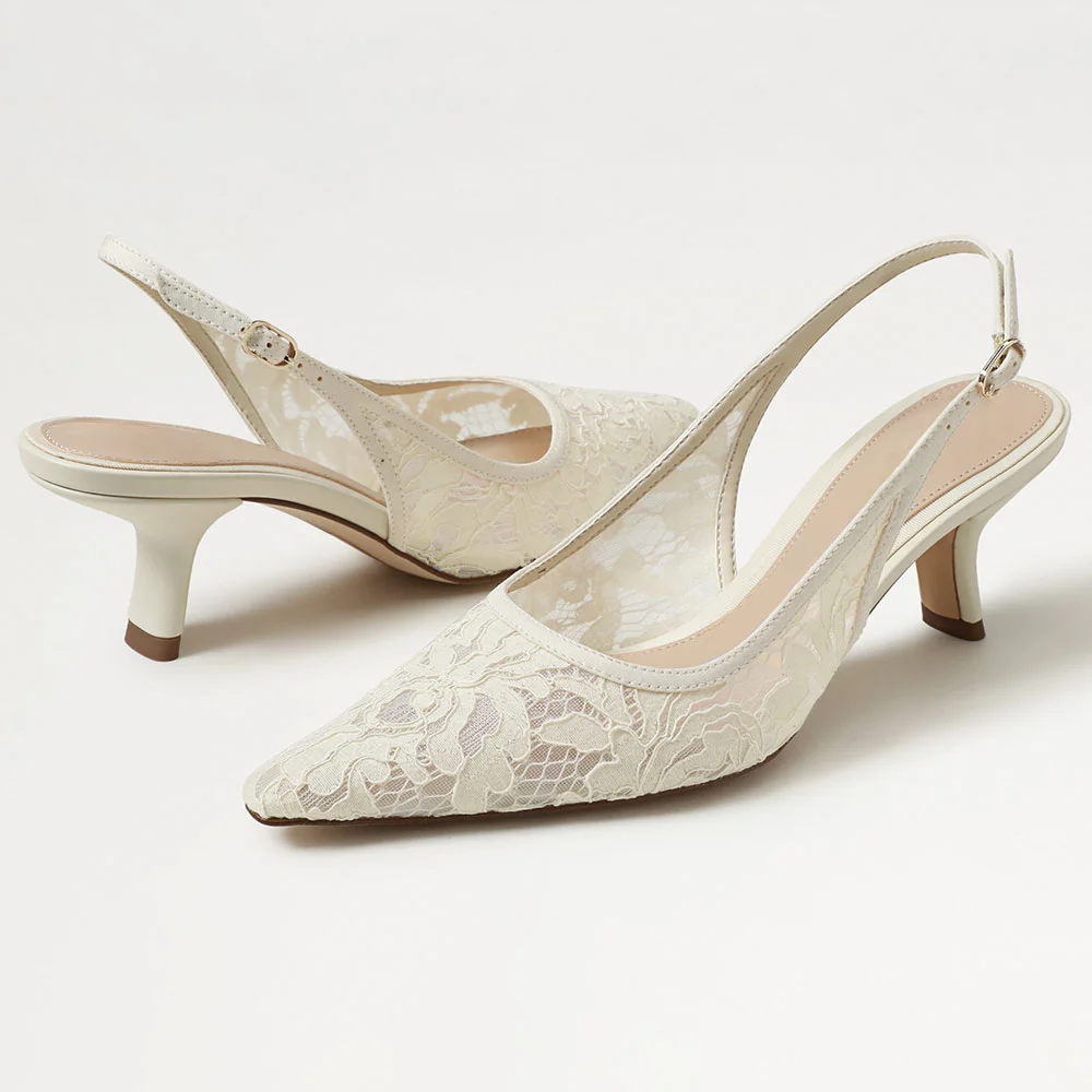 Fashion Ivory Pointed Toe Embroidered Pumps Shoes with Chunky Heel