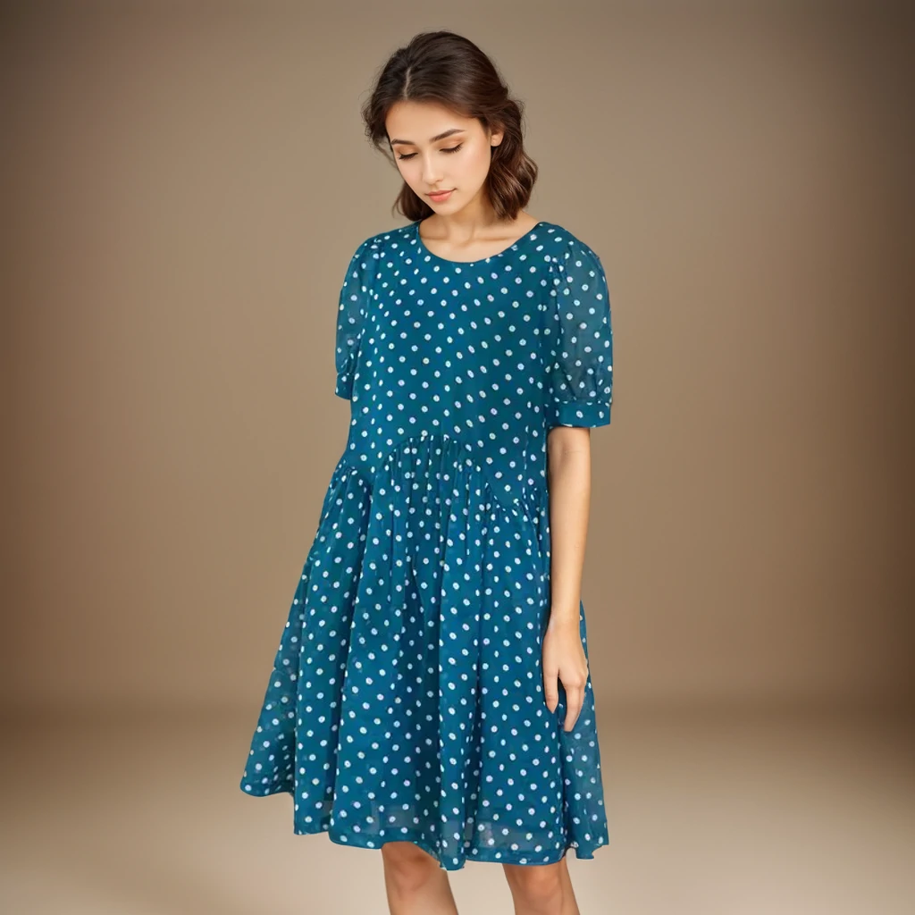 Robe Pure Ramie Imprimé Bleu Manches Bulles Douces- SOIE PLUS