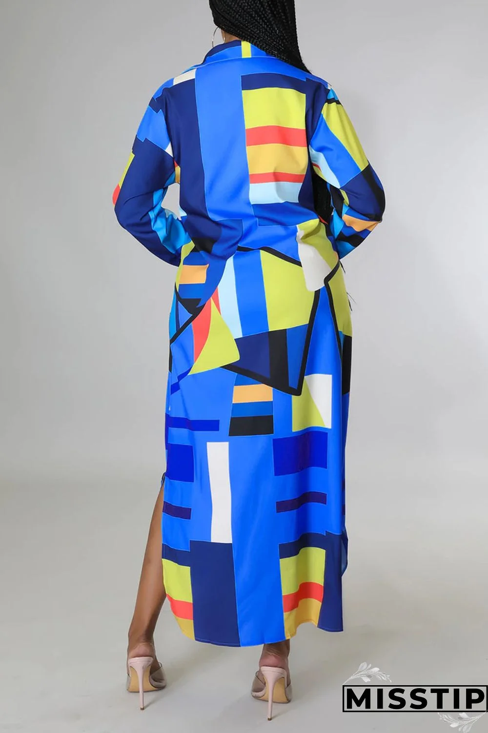 Blue Casual Print Patchwork Buckle Turndown Collar Shirt Dress Dresses