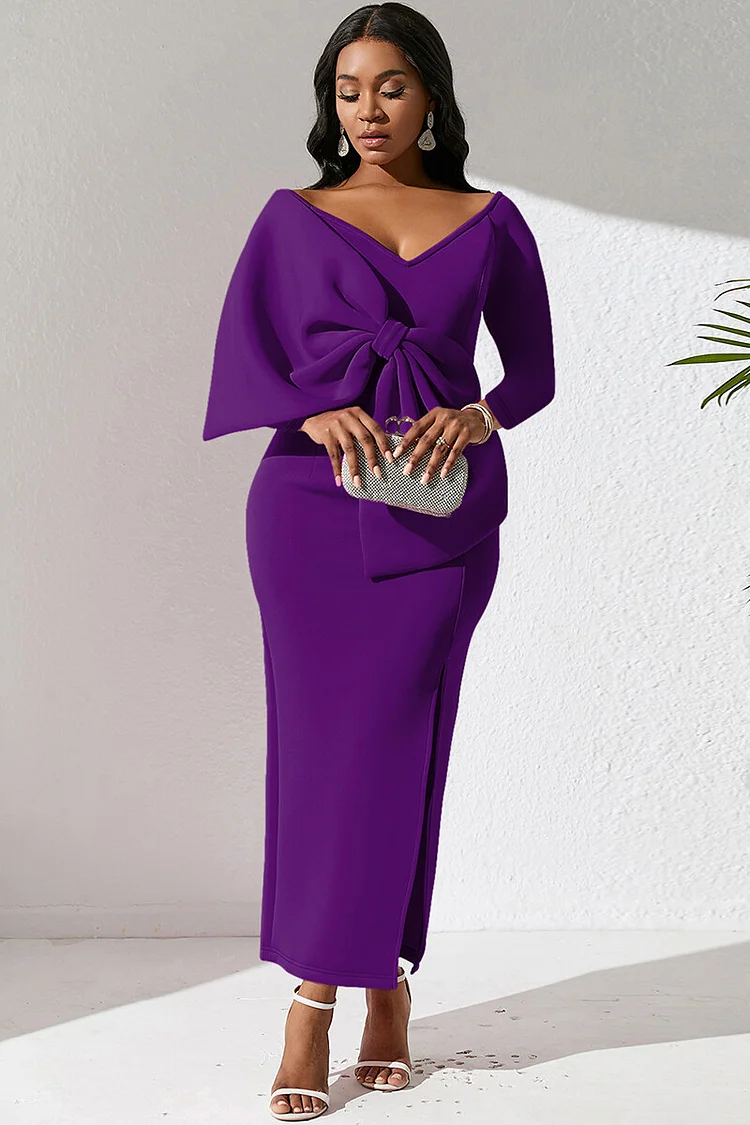 Oversize Bow Decor V Neck Long Sleeve Bodycon Slit Party Midi Dresses-DeepPink