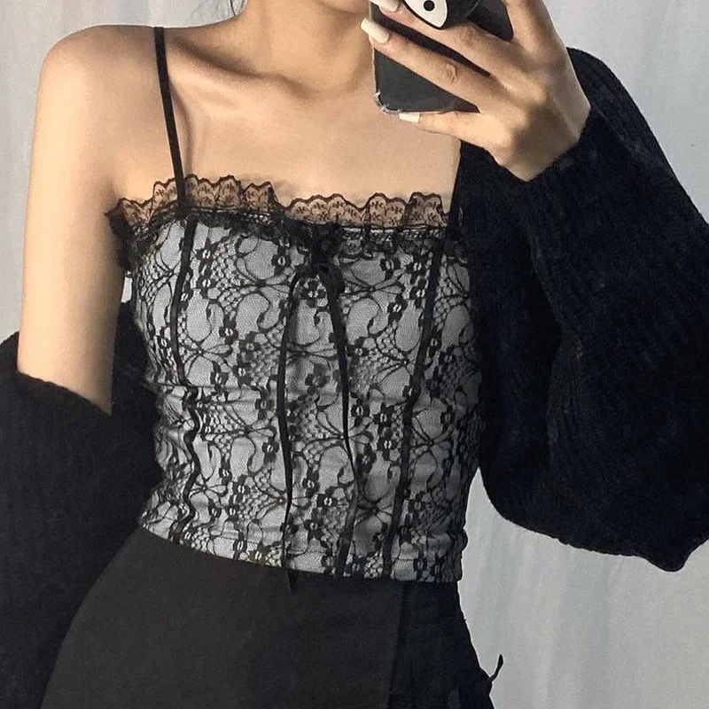 Colourp Black Lace Patchwork Spaghetti Strap Top E-girl Slim Fit Crop Camis Backless Tops Y2K Fashion Women Summer Clothing
