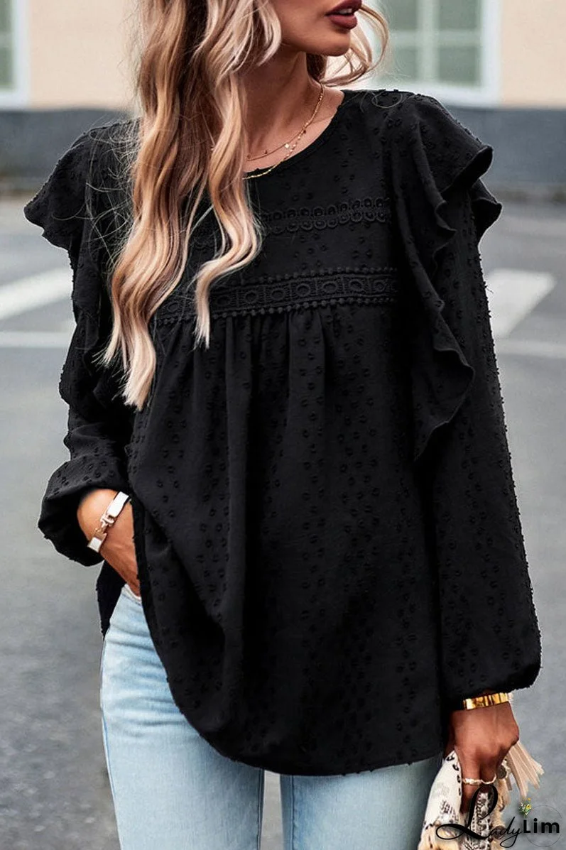 Long Sleeve Ruffle Round Neck Casual Tops