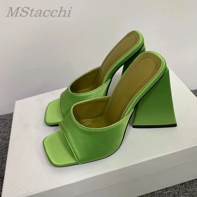 Candy Color Peep-toe Sandals Women Sexy Chunky High Heels Mules Shoes Summer Slides Patent Leather Ladies Slippers Beach Shoes