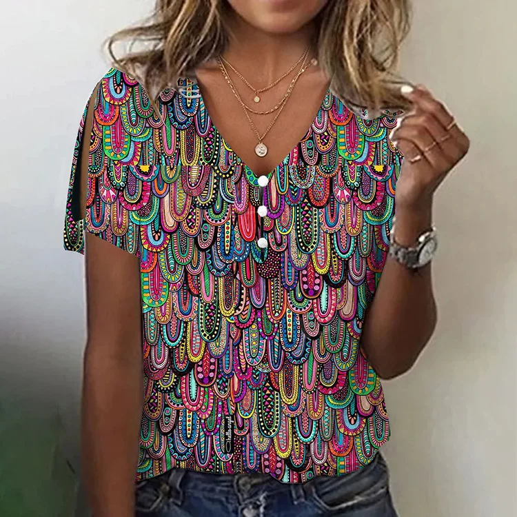 Women's Casual V-neck Colorful Short Sleeved T-shirt