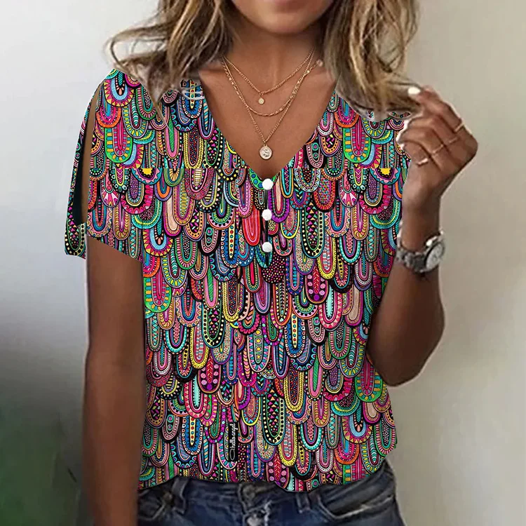 New Casual V-neck Short-Sleeved Digital Printed Top T-shirt VangoghDress