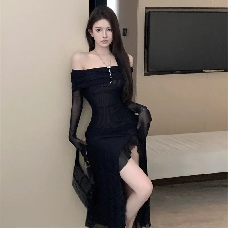 Aiertu Women Black Sexy Long Dress Off Shoulder Elegant Irregular Ruffle Split Evening Party Dresses Bodycon Gothic Lace Dress aiertu