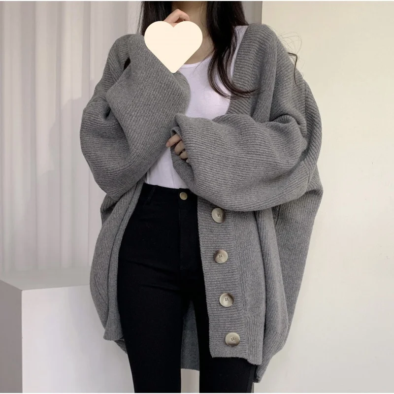 Uveng Uveng Chic Autumn And Winter Leisure Lazy Wind V-Neck Single Buckle Loose Lantern Sleeve Knitted Sweater Coat Woman