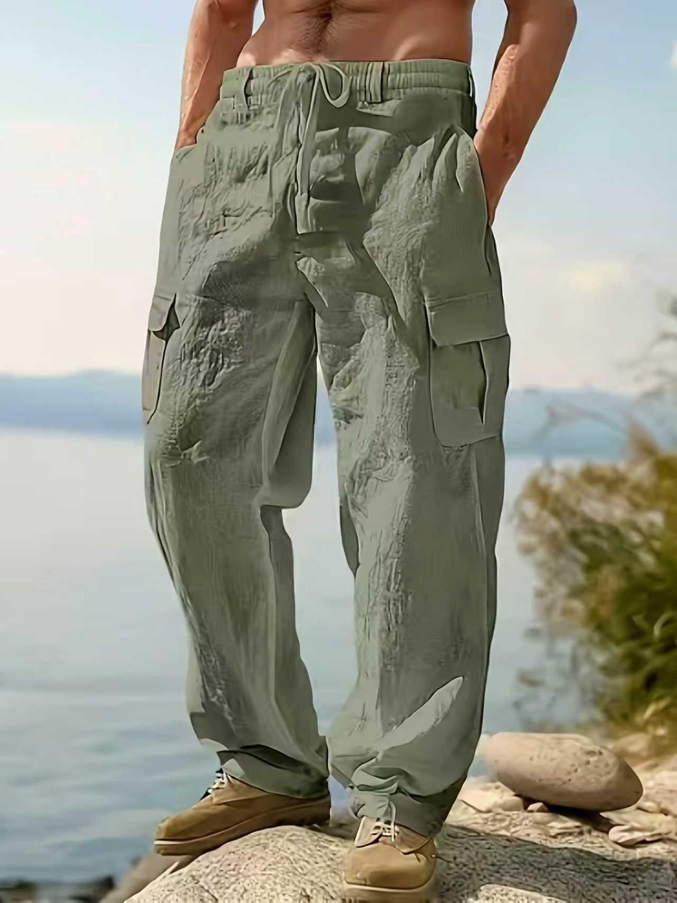 Men's Linen Cargo Pants Drawstring Multi-Pocket Straight Leg Breathable Outdoor Beach Classic Casual Long Pants, Casual Comfy Fashion, 2026 Cross-Border Fashion