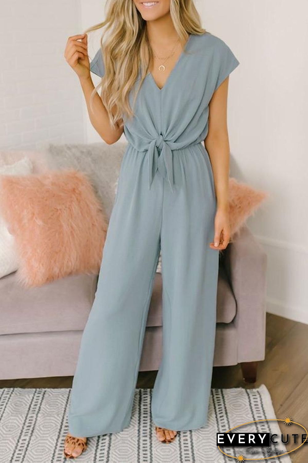 V-neck Short Sleeve Knotted Jumpsuit P16319