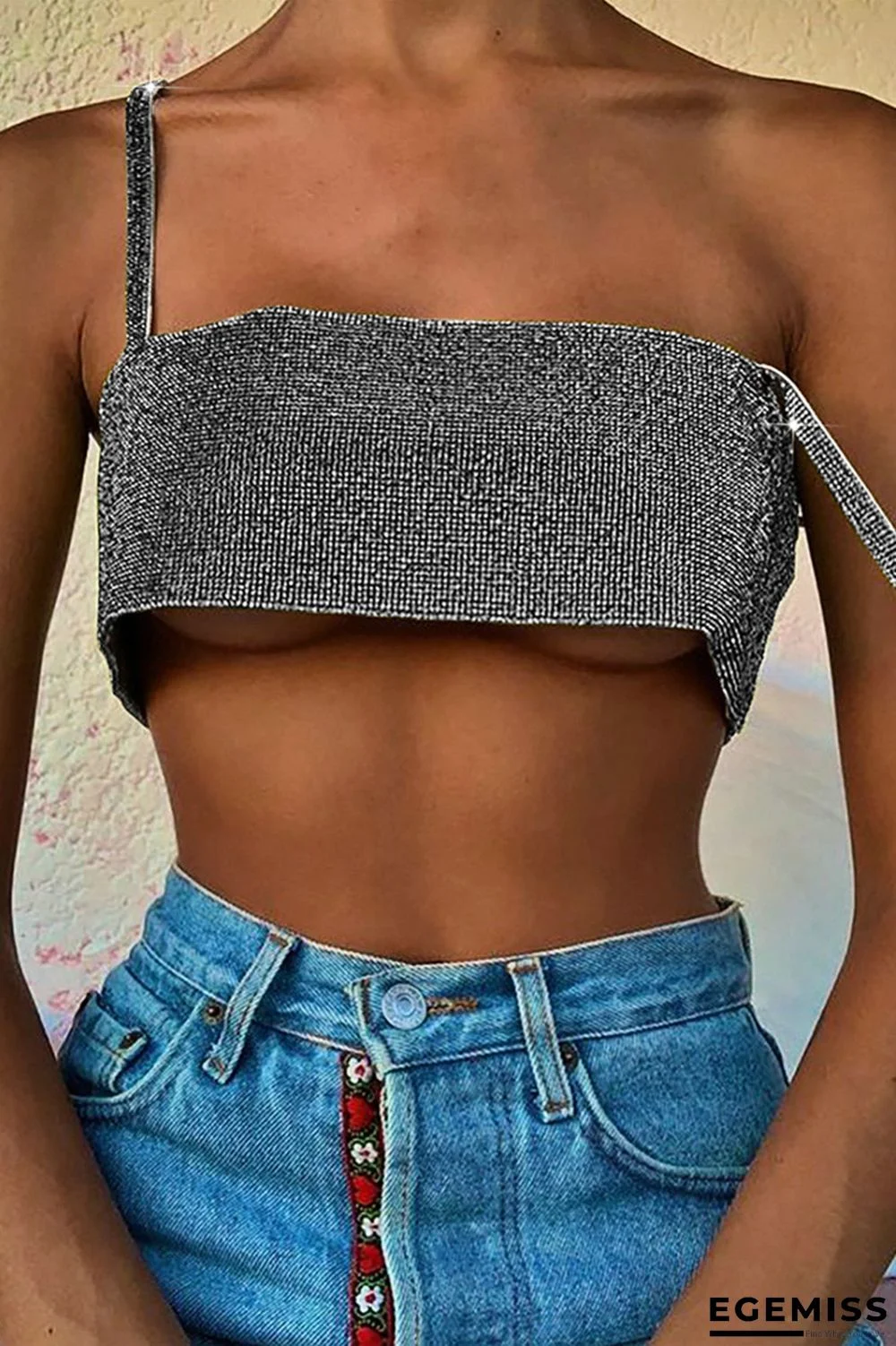 Black Fashion Sexy Rhinestone Backless Spaghetti Strap Tops | EGEMISS