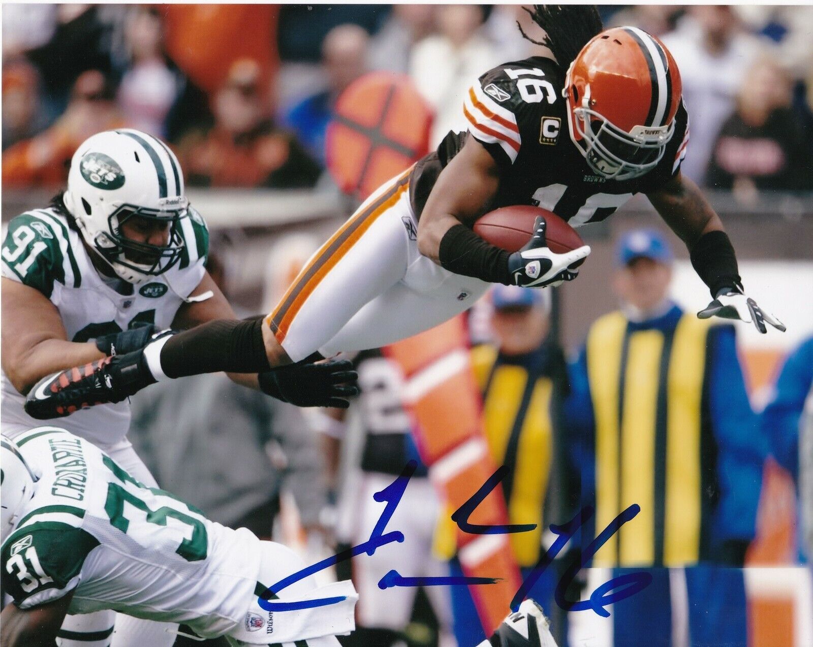 JOSH CRIBBS CLEVELAND BROWNS ACTION SIGNED 8x10