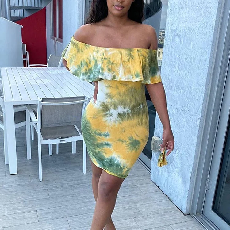 Tie Dye Print Off Shoulder Ruffle Design Bodycon Dress - IRBOOM Fashion Clothing