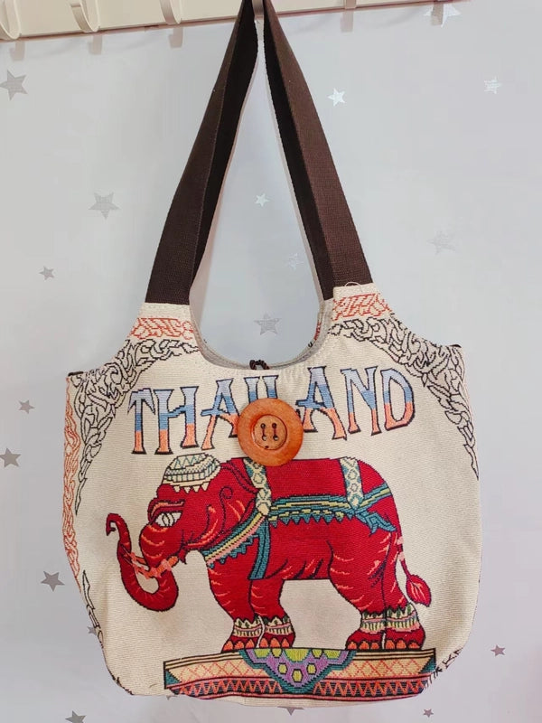 Women’s Large Canvas Elephant Ethnic Style Square Zipper Shoulder Bag