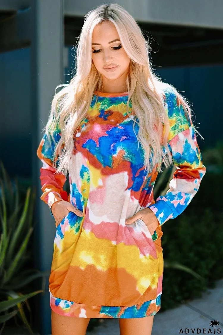 Multicolored Tie-Dye Long Sleeve Dress