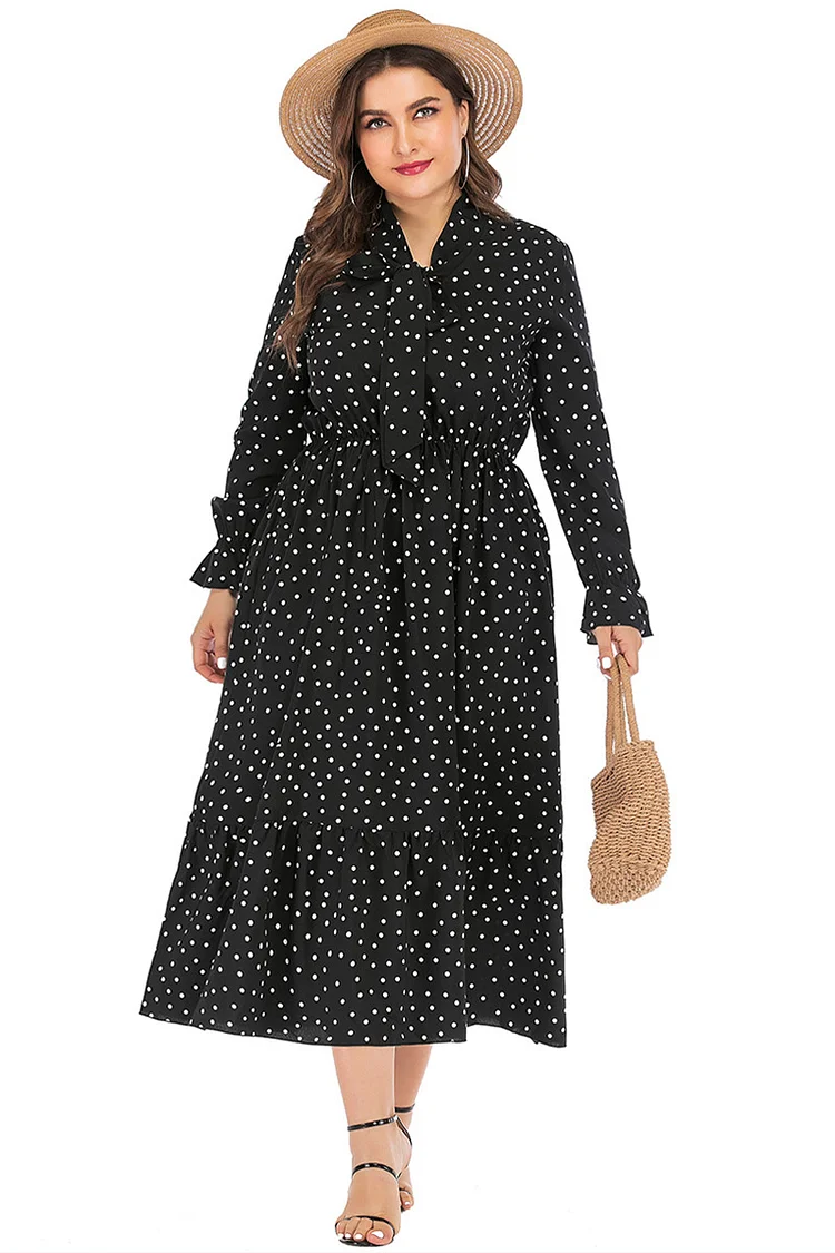 Plus Size Casual Black Boho Polka Dot Print Bow Tie V Neck Long Sleeve Tunic Tea-Length Dress  Flycurvy [product_label]