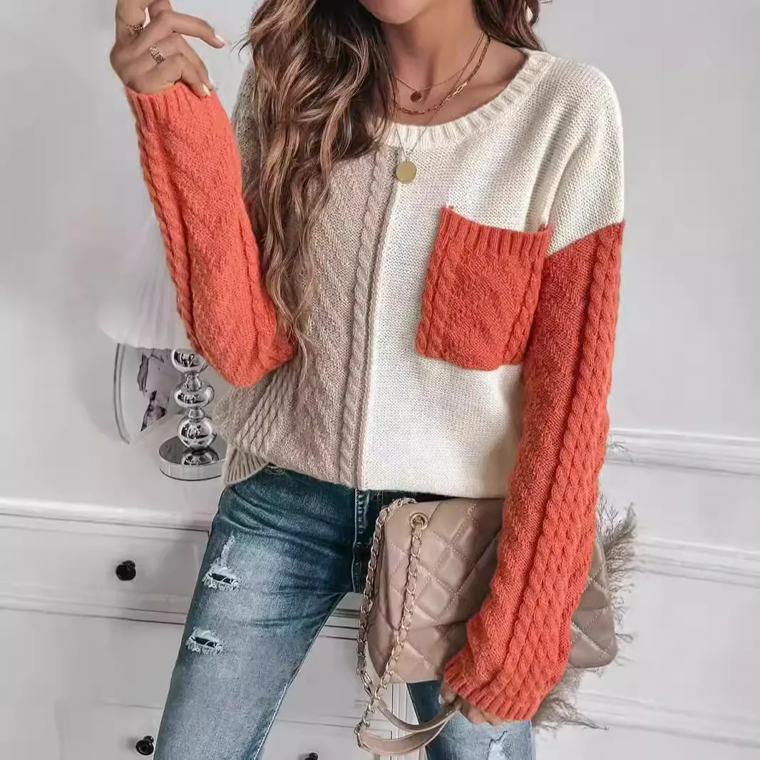 Women Color Block Cable Knit Sweater
