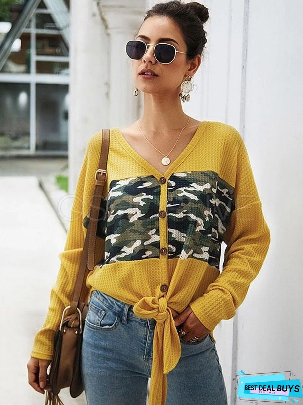 Camouflage Stitching V-Neck Knit Sweater