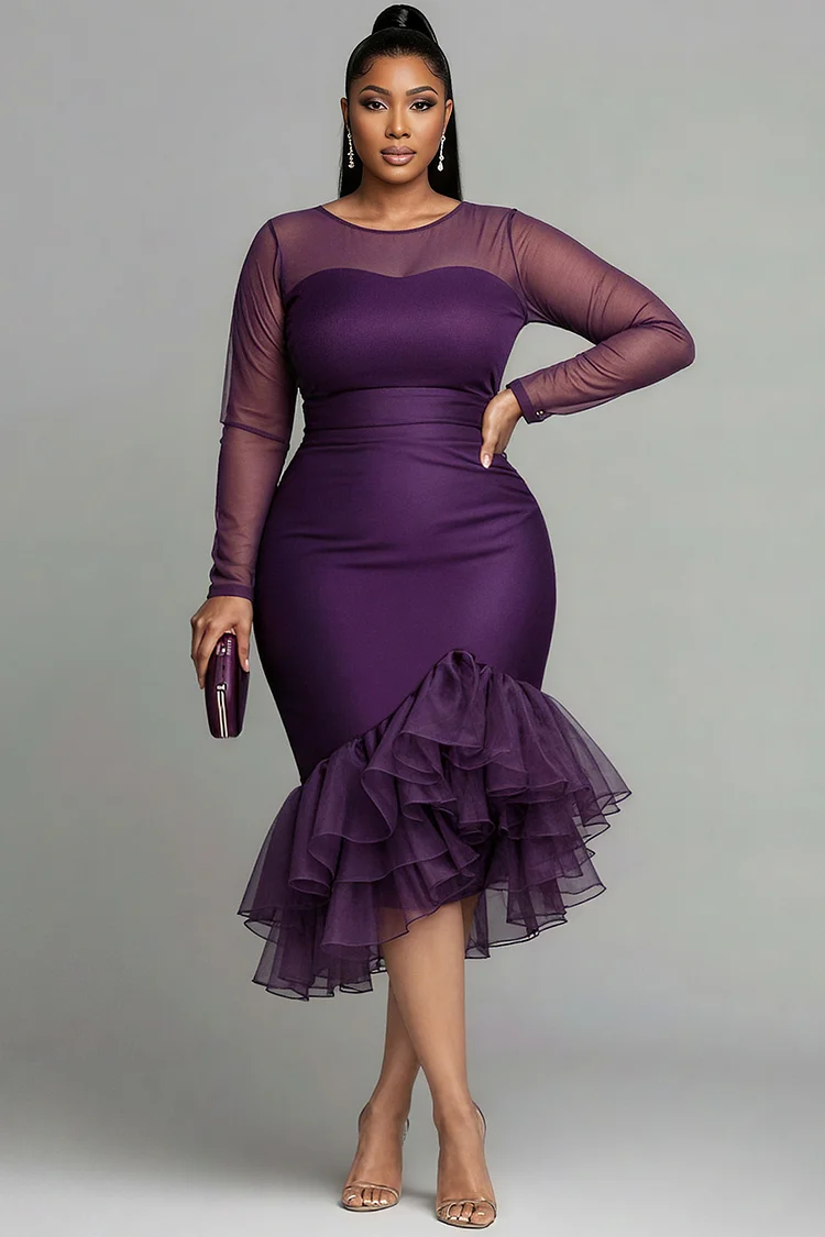 Xpluswear Design Plus Size Cocktail Party Purple Round Neck Long Sleeve Ruffle Elegant See Through Tulle Midi Dresses [Pre-Order]