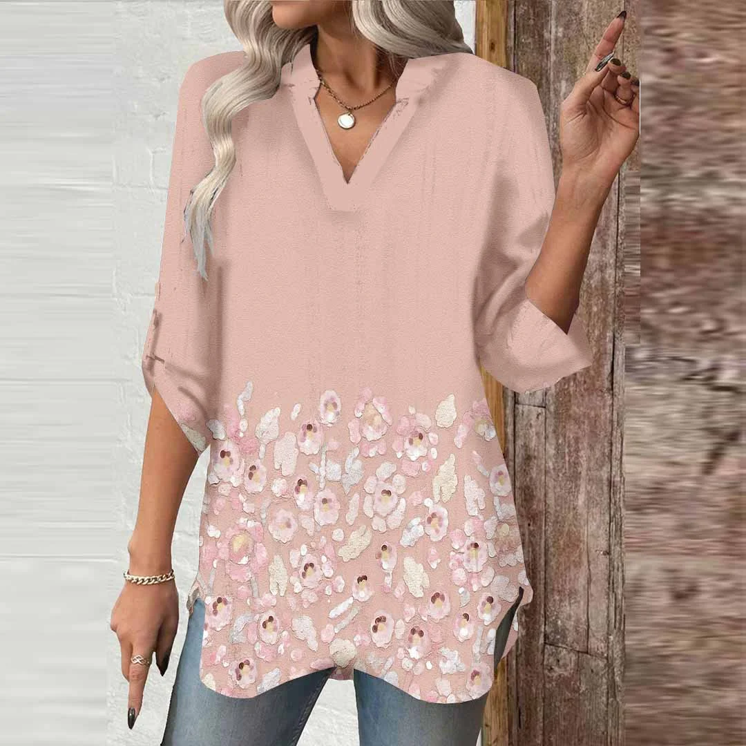 Women Pink, Floral, Shiny DZGA0527 3/4 Sleeve V-neck Printed Graphic Button Tops