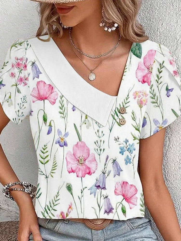 Women's L Neck Short Sleeves Floral Printed Casual Tops