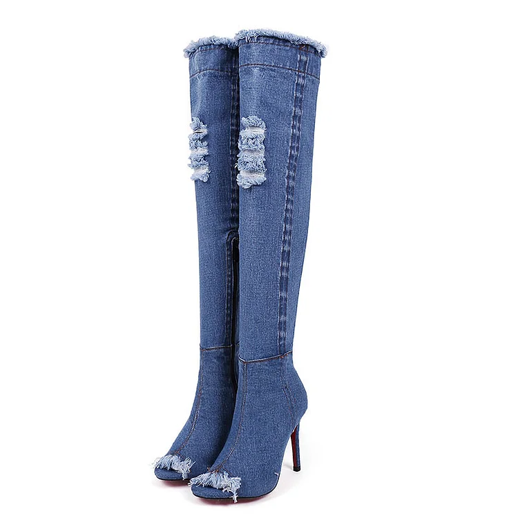 Blue Denim Peep Toe Stilettos Over-The-Knee Boots Vdcoo