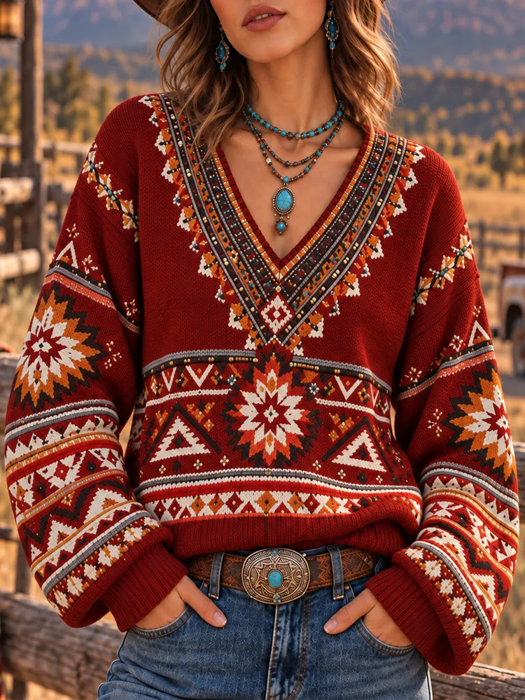Comstylish Women's Western Cowboy Ethnic Continuous Print Color Block V-neck Sweater