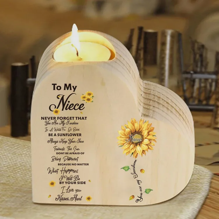 To My Niece Heart Candle Holder Kisses, Aunt Custom Name Wooden Sunflower Candlestick