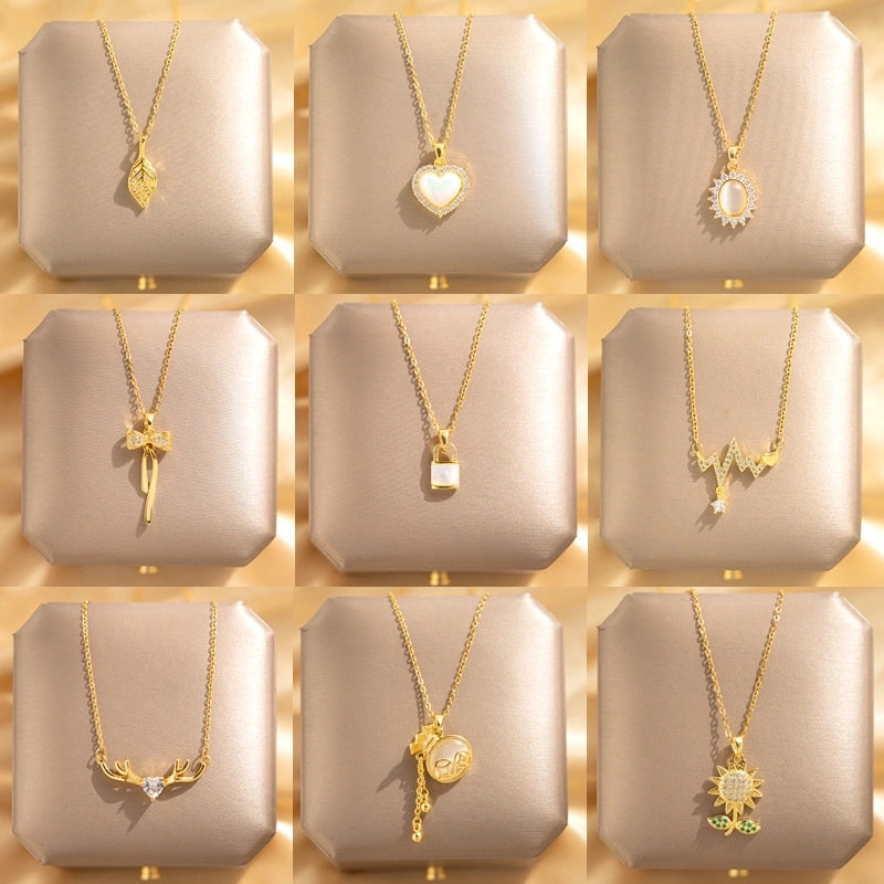 Elegant Leaf Heart Shape Lock 304 Stainless Steel Copper Rhinestones Zircon 18K Gold Plated K Gold Plated Plating Inlay Pendant Necklace