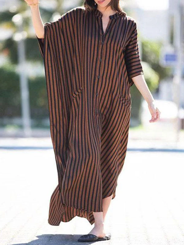 Batwing Sleeves Half Sleeves Buttoned Pockets Striped Round-Neck Beach Cover-Up Maxi Dresses