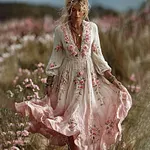 Women's Bohemian Rose Lace Gradient V-neck Maxi Dress - Image 2