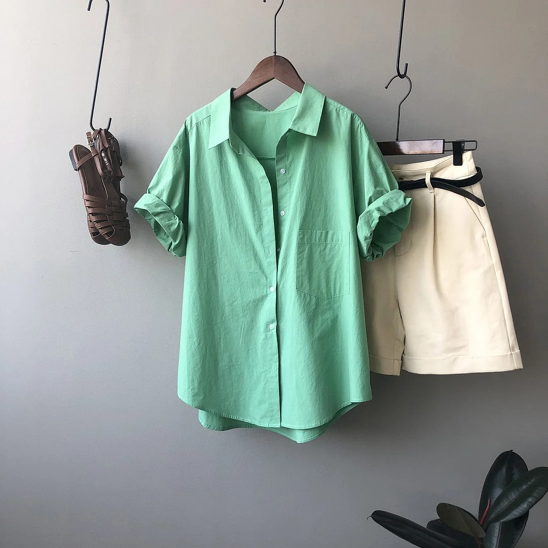 Bornladies Basic Green Shirts for Women Summer Turn-down Collar Office Ladies Loose Short Sleeve Blouse Female Tops Blusas 2021