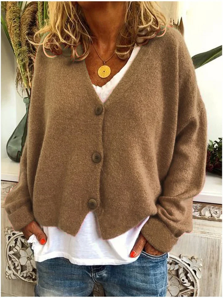 Simple Solid Color V-neck Single Breasted Cardigan Sweater Kmmey