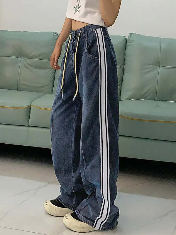 Brownm boyfriend jeans with splice piping and drawstring
