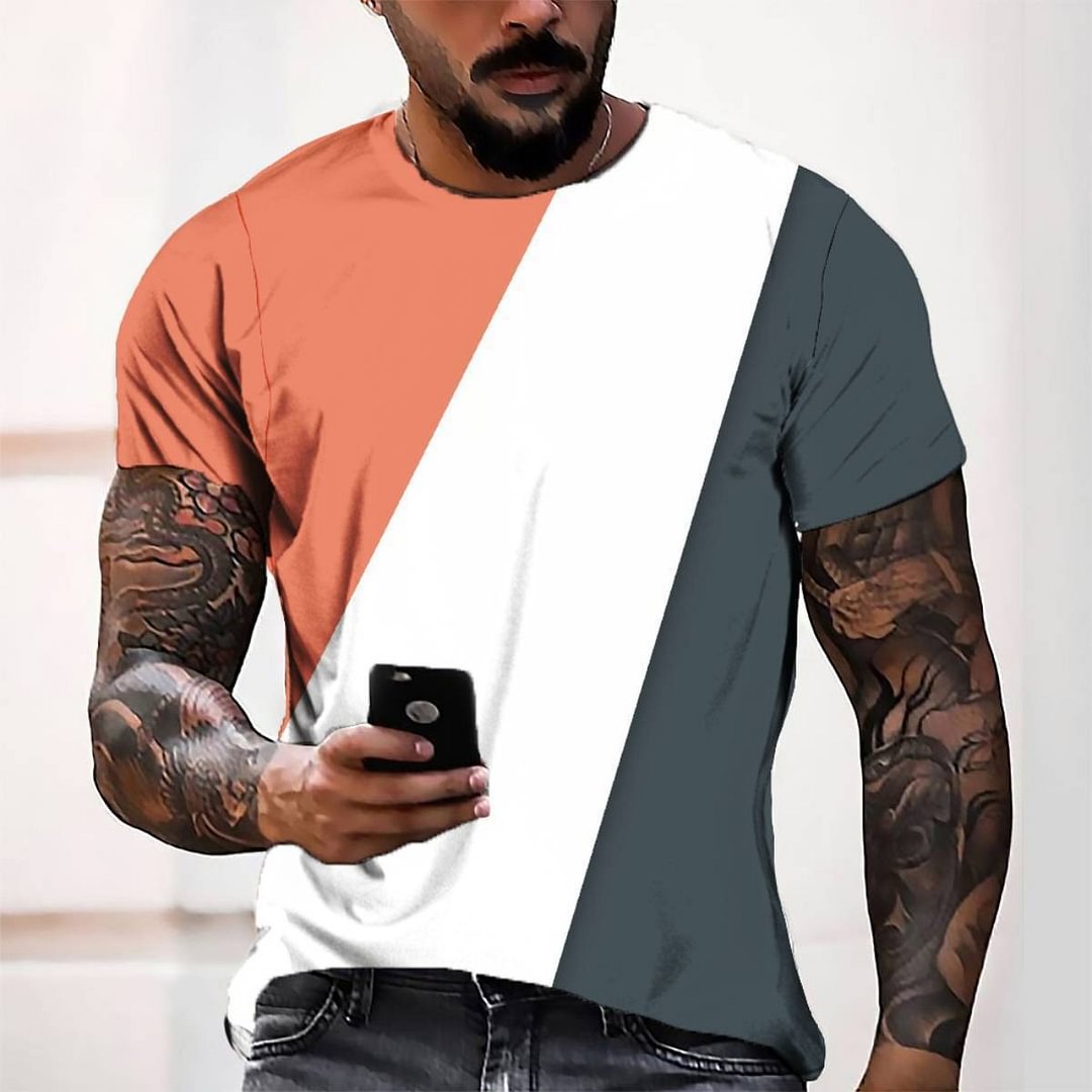 3D Digital Printing Three-color Block Simple Style Men's Casual Loose Short-sleeve T-shirt | EGEMISS