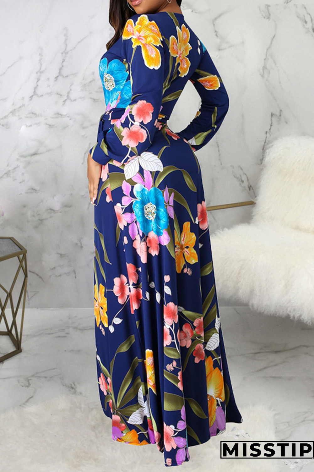 Blue Sexy Print Patchwork V Neck Straight Dresses