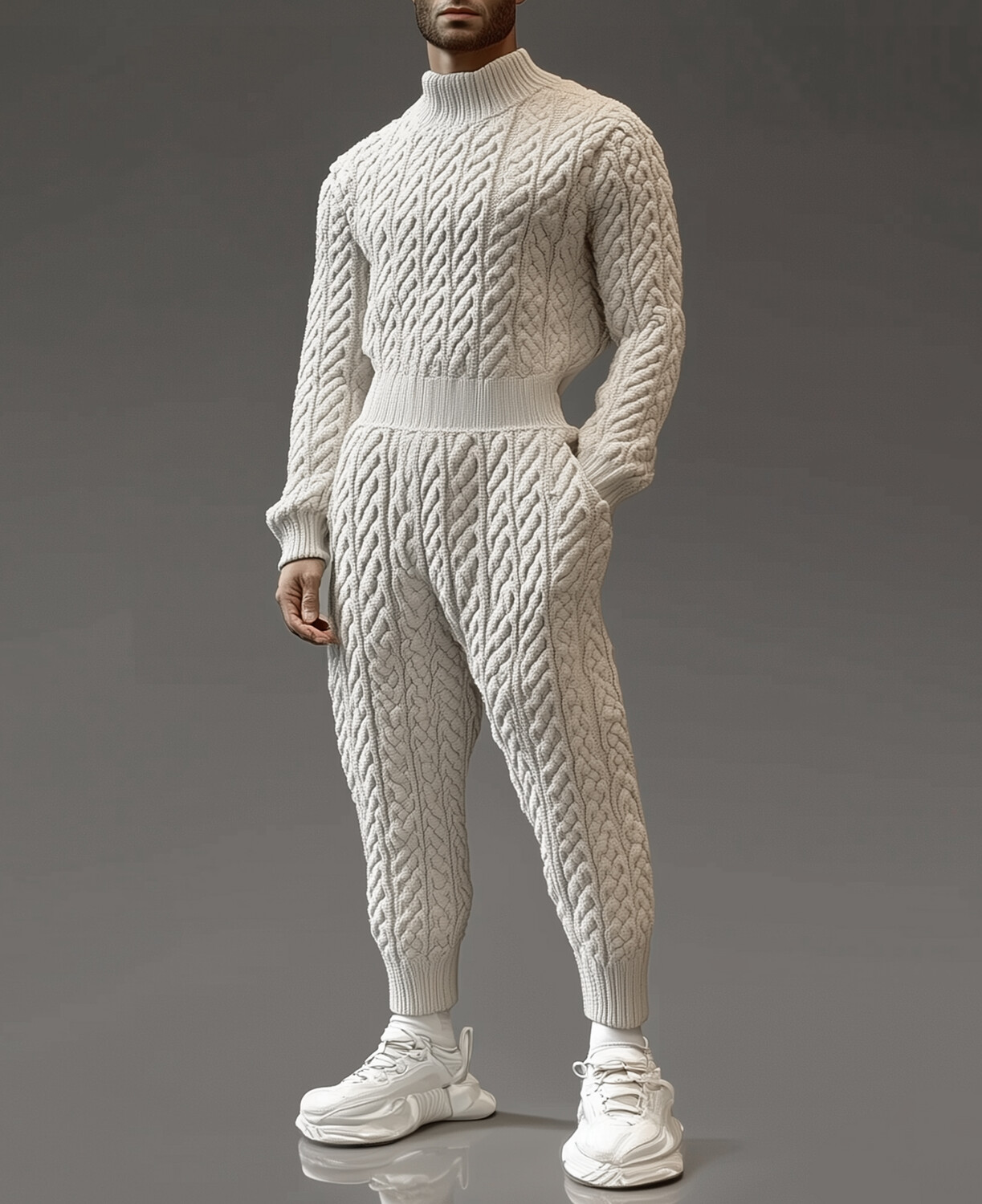 Okaywear Cable Knit Turtleneck Sweater & Pocket Pants 2Pcs Set