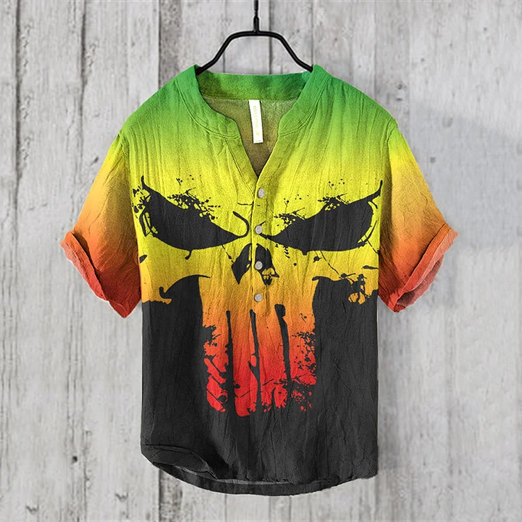 Men's Reggae Skull Gradient Art Print Linen Blend Casual Shirt