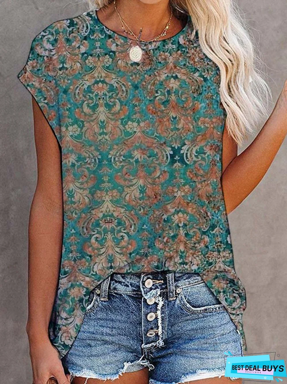 Paisley  Short Sleeve  Printed  Cotton-blend  Crew Neck  Holiday Summer Green Top