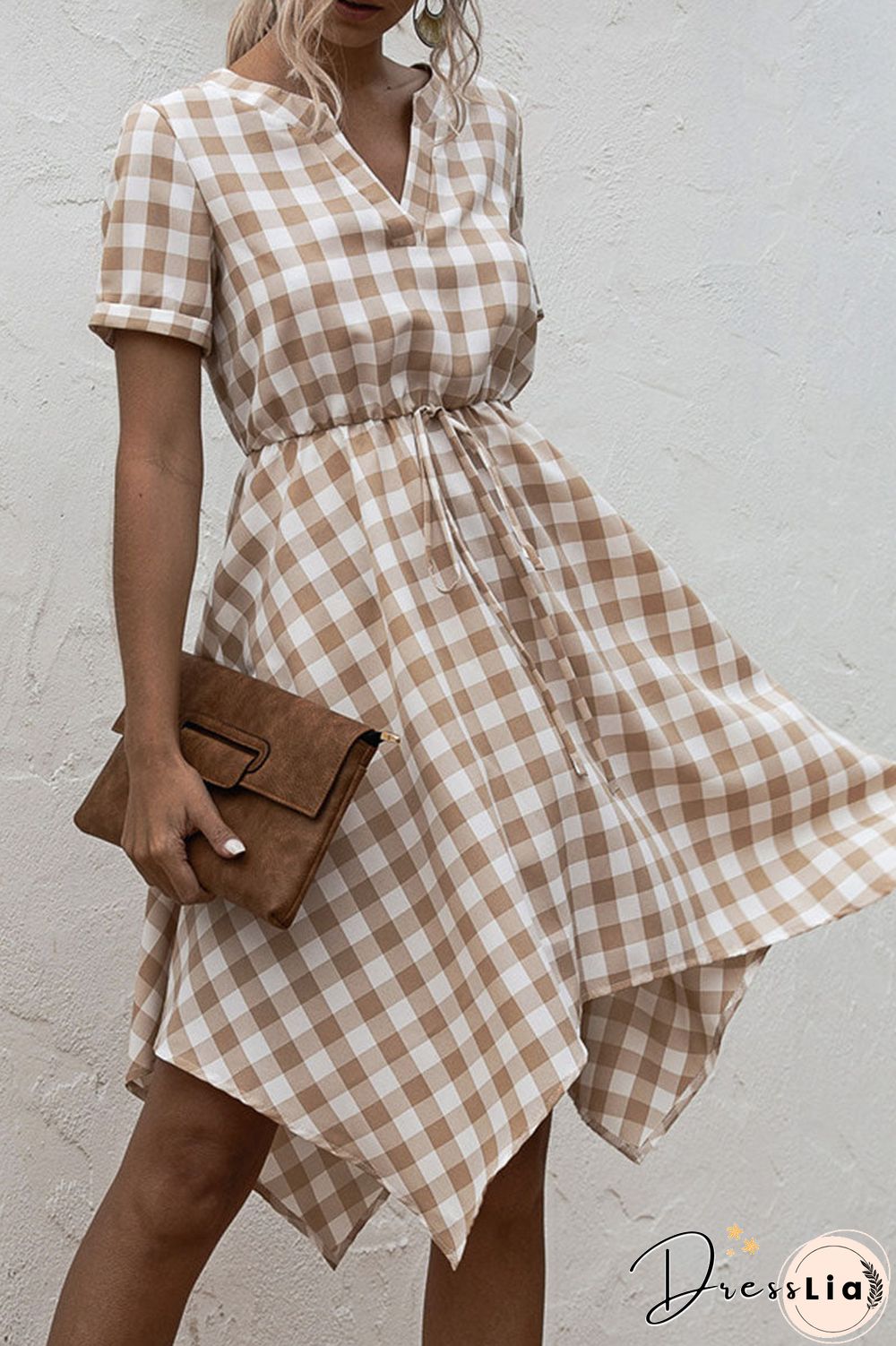 Fashion Casual Plaid Split Joint V Neck Irregular Dress Dresses