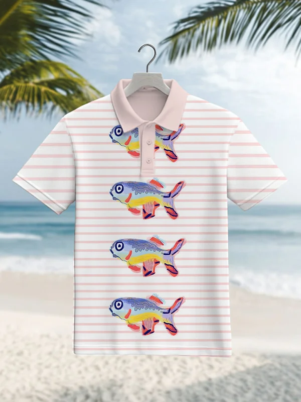 Men's Vacation Fish Pink Striped Print Short Sleeve Polo Shirt