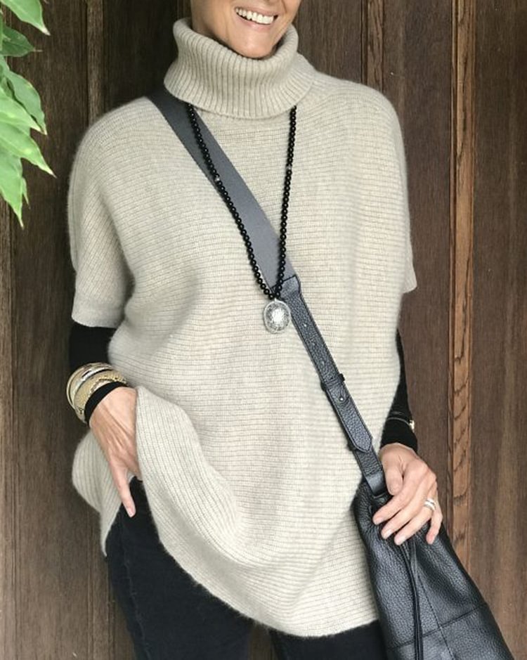 Turtleneck Knit Poncho Sweater