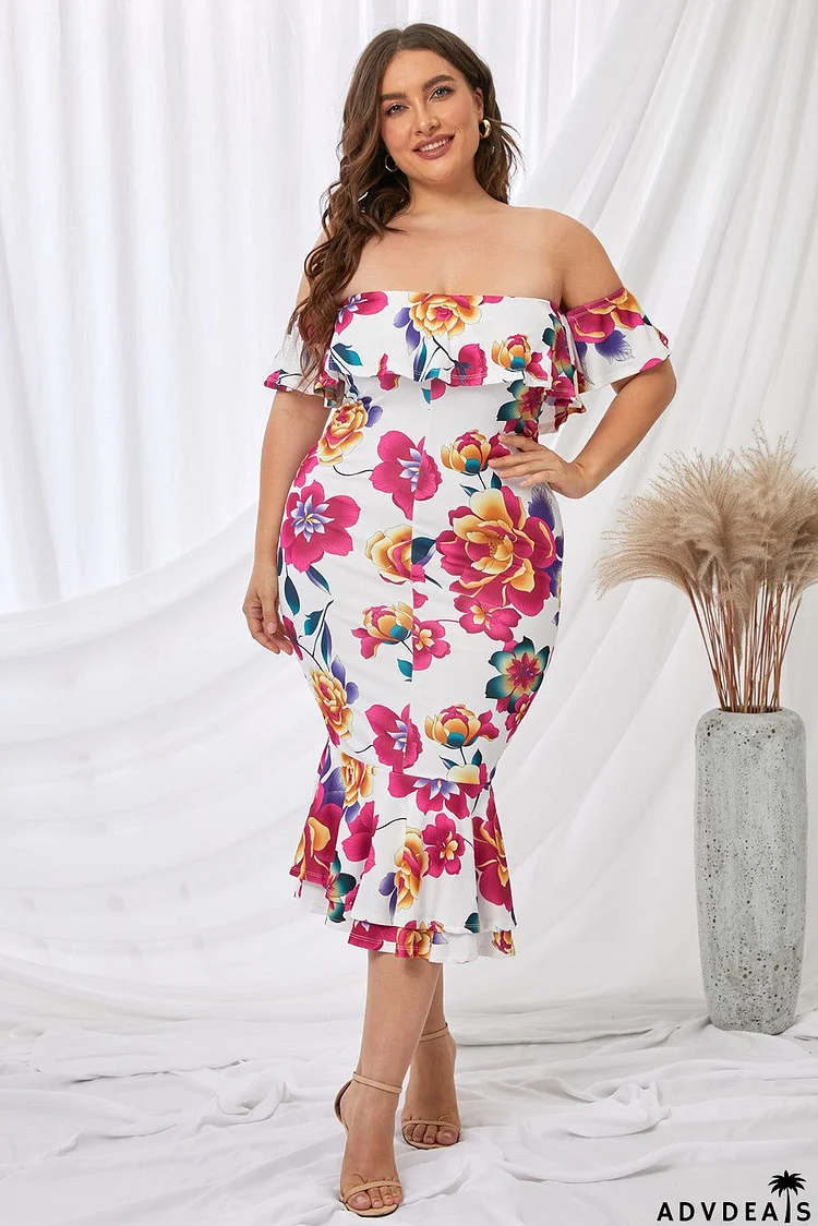 White Off-the-shoulder Bodycon Floral Mermaid Plus Size Dress