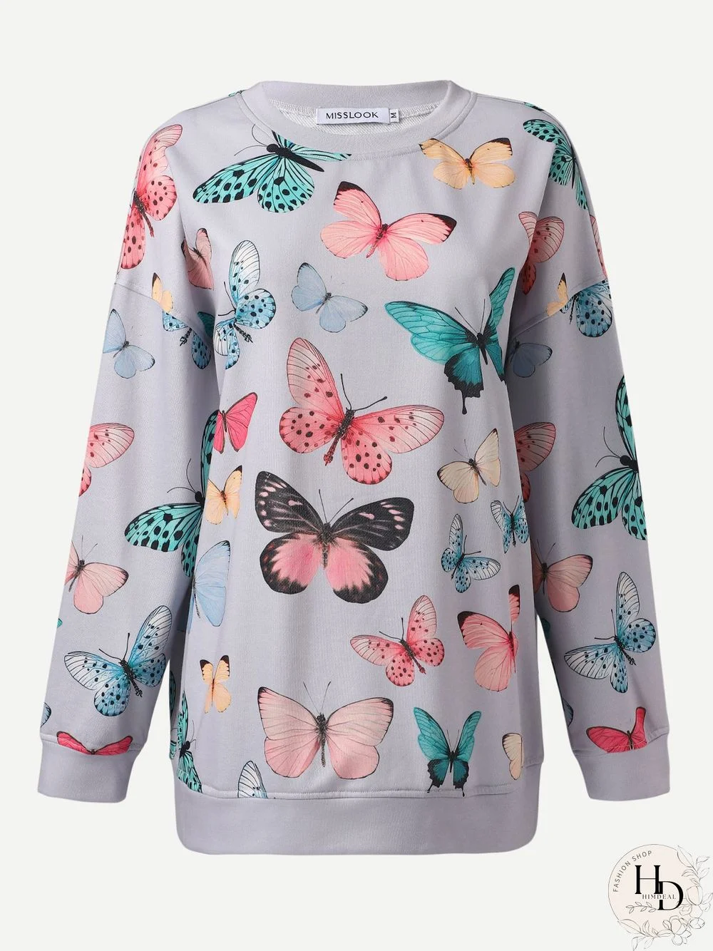 Vintage Butterfly Printed Long Sleeve Crew Neck Plus Size Casual Sweatshirts
